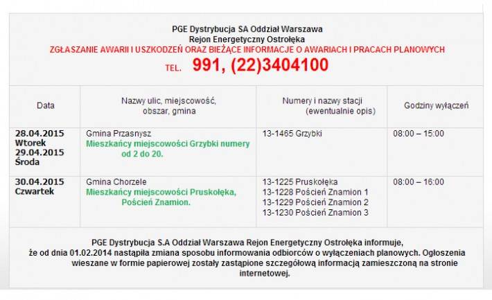 PGE: Informacja o planowanych wyłączeniach