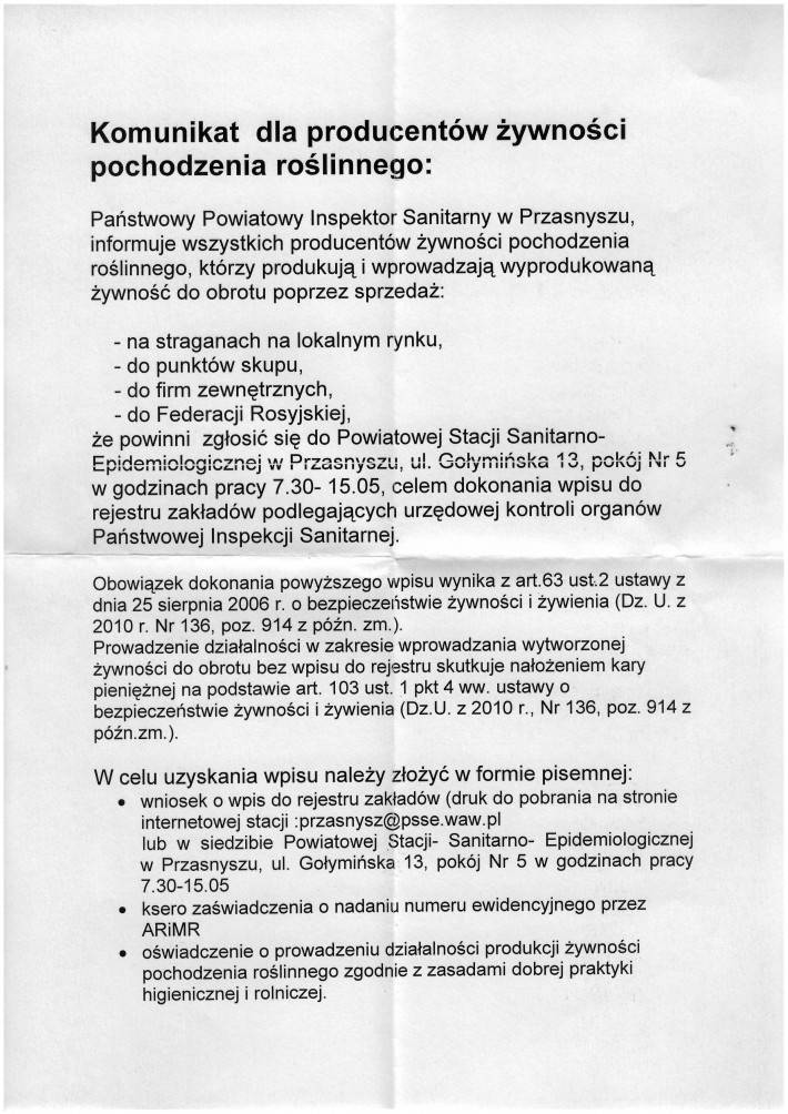 Komunikat dla producentów żywności