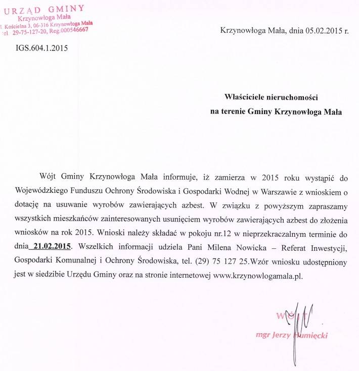 Informacja Wójta Gminy Krzynowłoga Mała