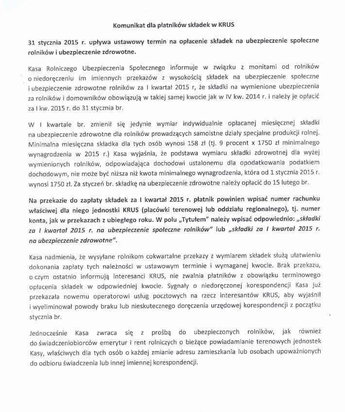 Komunikat dla płatników składek w KRUS