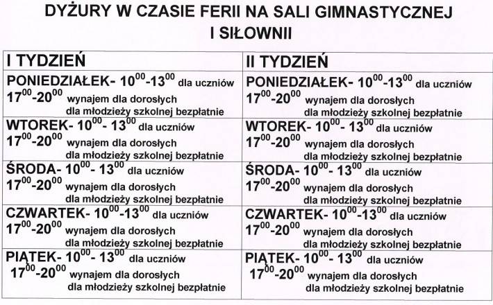 Krzynowłoga Mała: Harmonogram - sala gimnastyczna