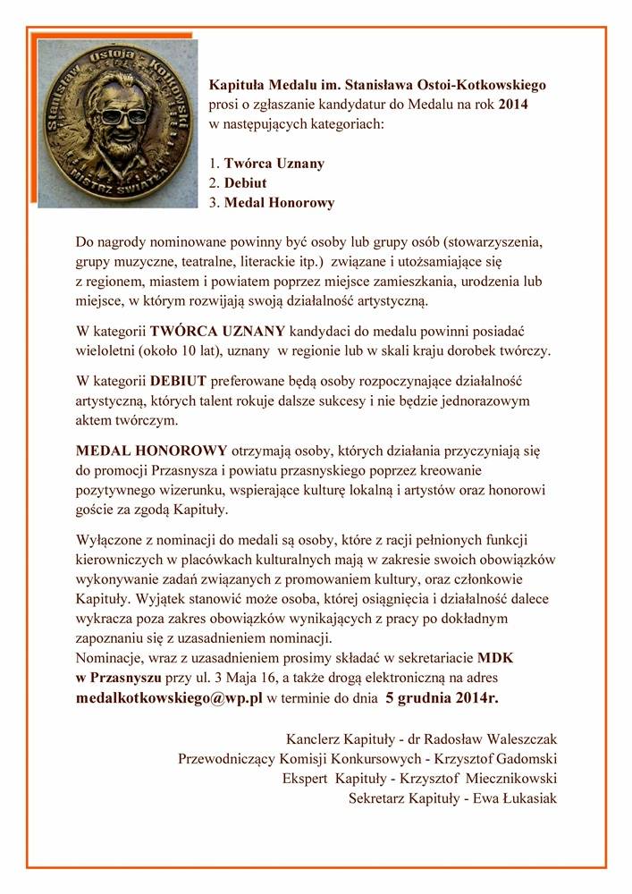 Zgłoszenia kandydatów do Medalu im. Stanisława Ostoi-Kotkowskiego