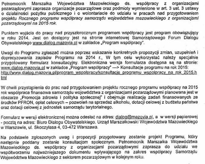 Zaproszenie do współtworzenia programu współpracy na 2015