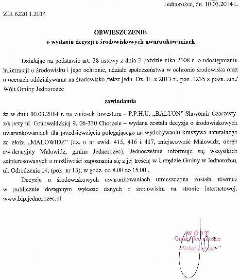 Jednorożec: Obwieszczenie o wydaniu decyzji o środowiskowych uwarunkowaniach