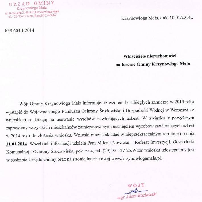Krzynowłoga Mała: Dotacje na usuwanie wyrobów zawierających azbest