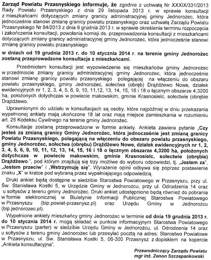 Jednorożec: Informacja dla mieszkańców