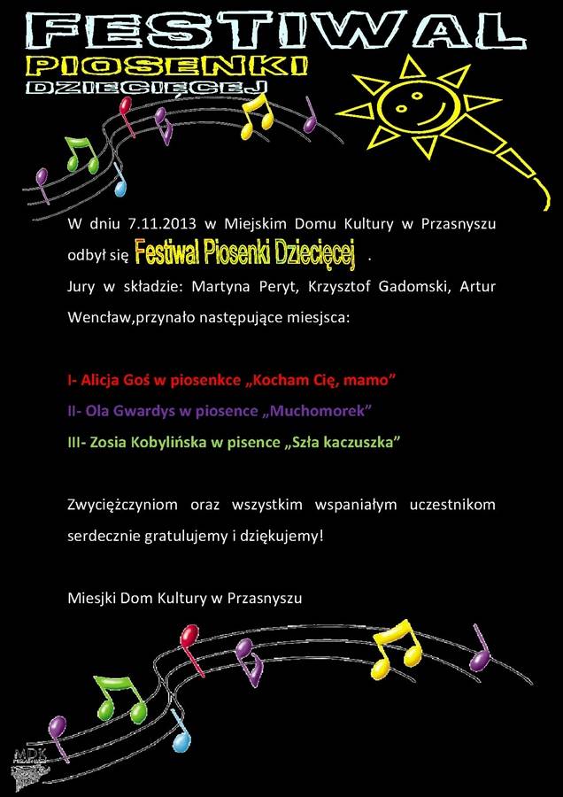 WYNIKI FESTIWALU PIOSENKI DZIECIĘCEJ 