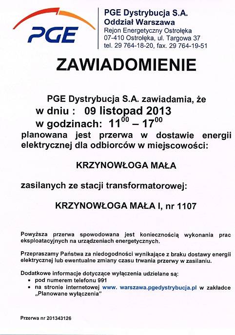 Krzynowłoga Mała: przerwa w dostawie energii elektrycznej