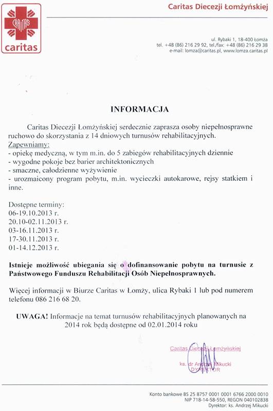 Informacja CARITAS Diecezji Łomżyńskiej