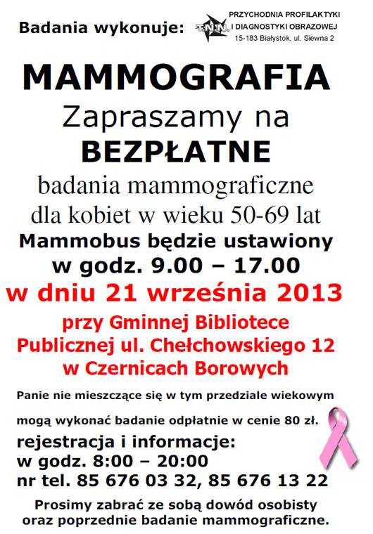 Czernice Borowe: Bezpłatne badania mammograficzne 