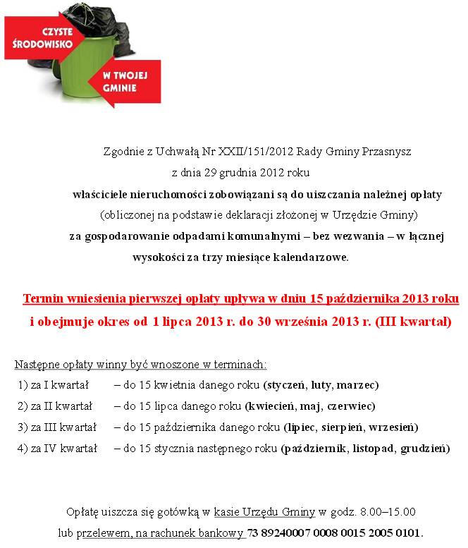 Informacja o terminach opłat za śmieci