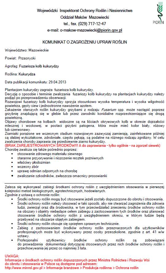Komunikat o zagrożeniu upraw roślin