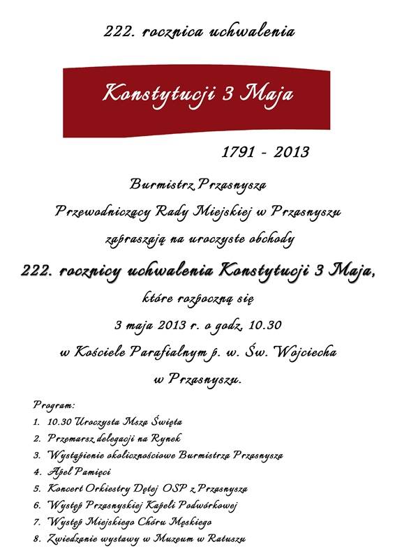 Zaproszenie na 222. rocznicę uchwalenia Konstytucji 3 Maja