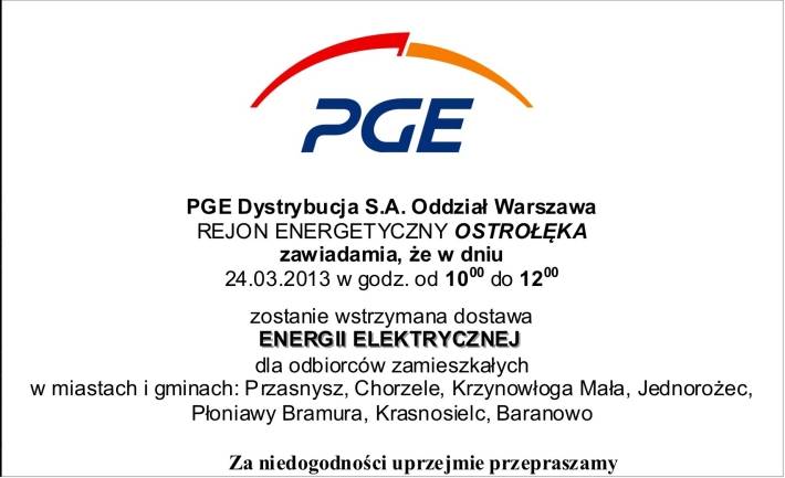 OGŁOSZENIE: Przerwa w dostawie prądu