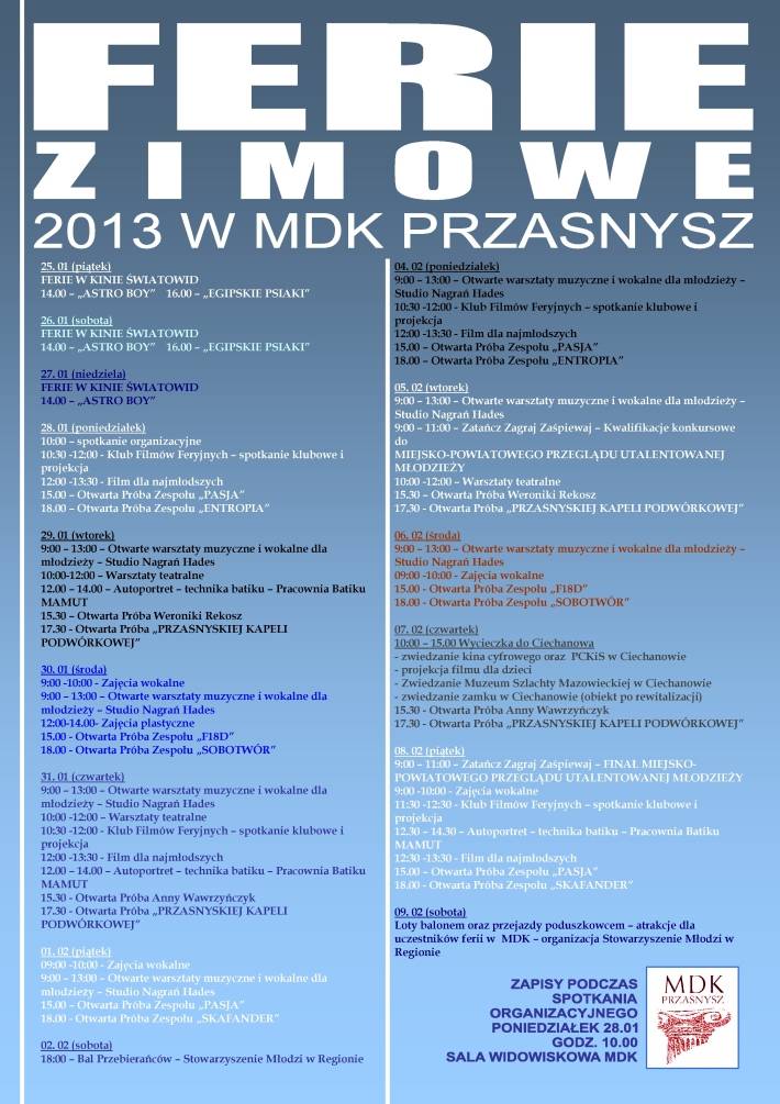 MDK zaprasza w czasie ferii