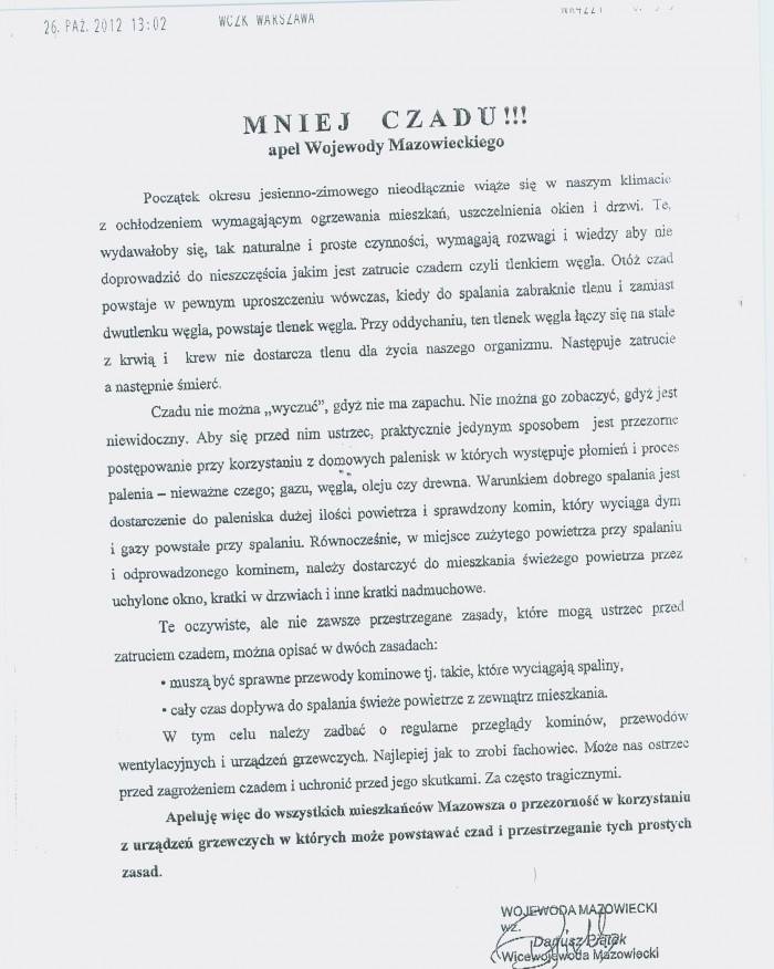 Mniej Czadu - Apel Wojewody Mazowieckiego