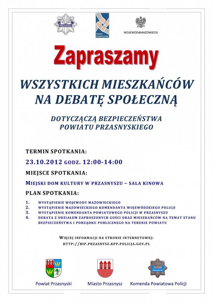 Zaproszenie na debatę społeczną dotyczącą bezpieczeństwa powiatu przasnyskiego