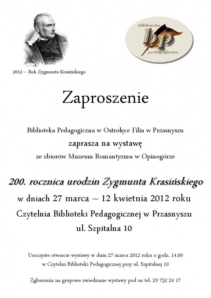 200. rocznica urodzin Zygmunta Krasińskiego - zaproszenie 