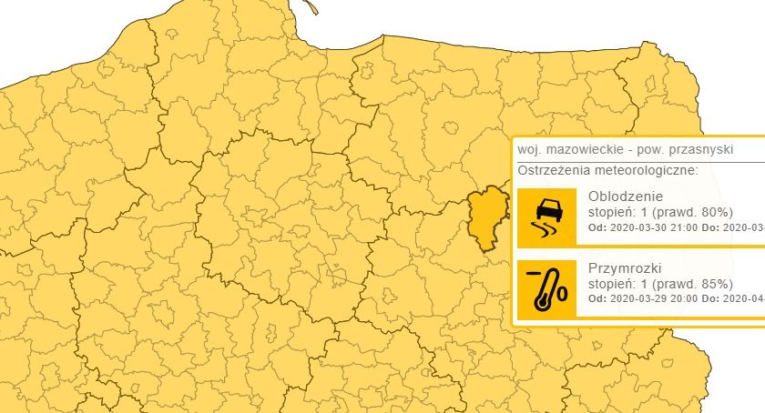 IMGW wydało ostrzeżenie dla powiatu przasnyskiego