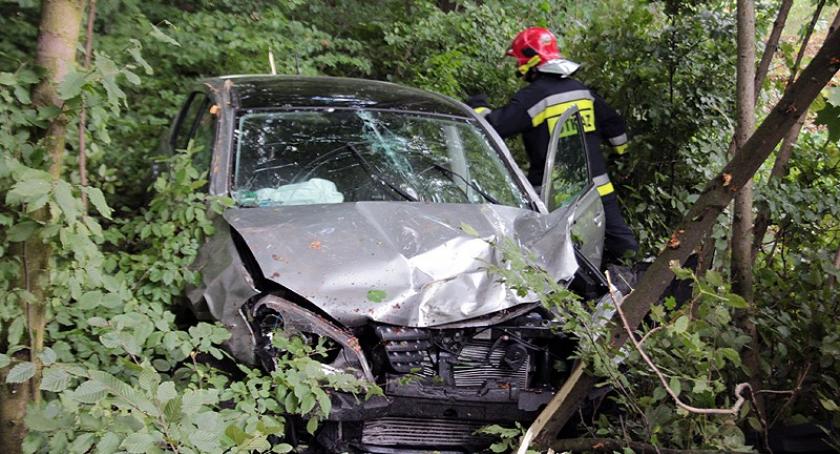 Szymbark. Nissan wypadł z drogi i zatrzymał się w lesie