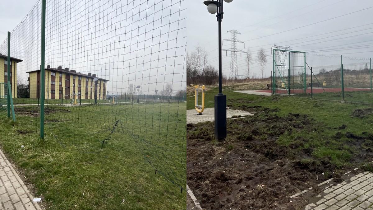 Zaniedbane boisko oraz siłownia zewnętrzna na ulicy Marmurowej