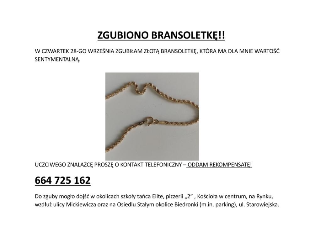 Zgubiono bransoletkę, która dla właścicielki miała ogromną wartość sentymentalną