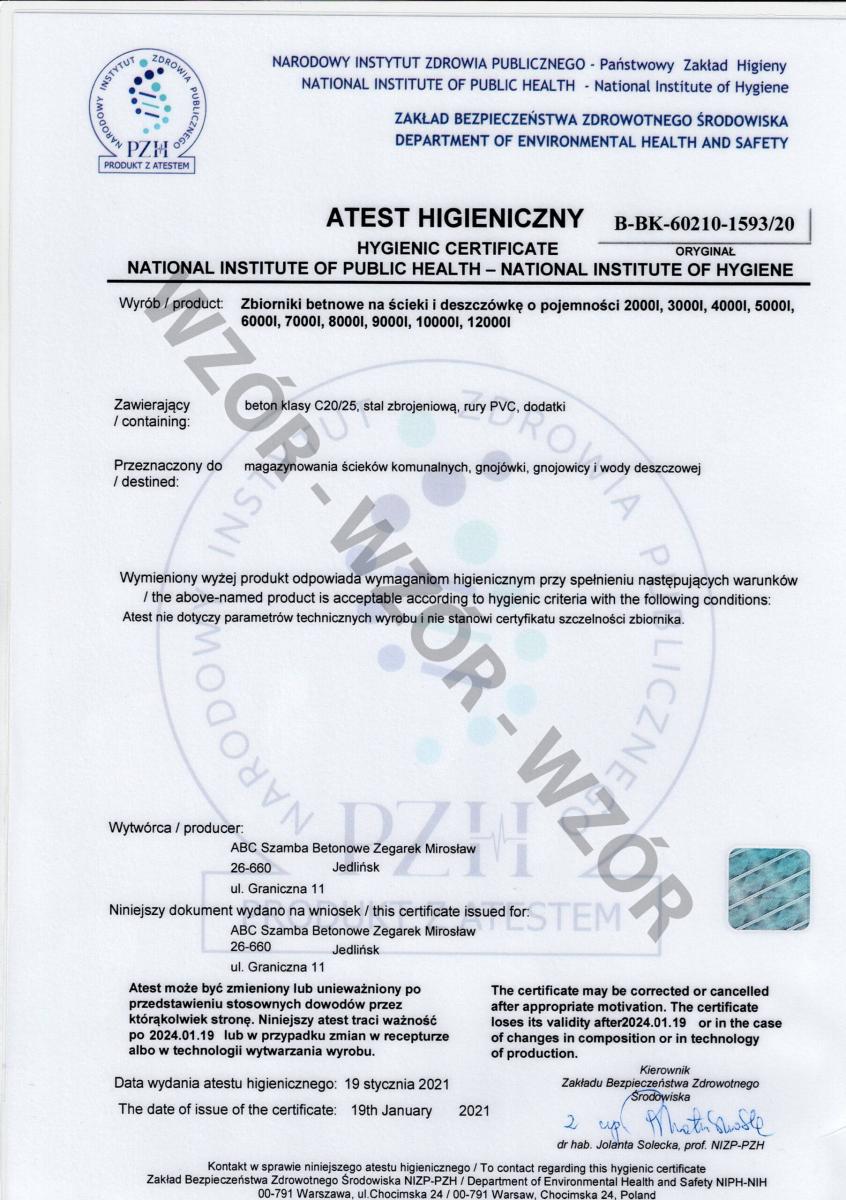 Atestem PZH na szambo betonowe