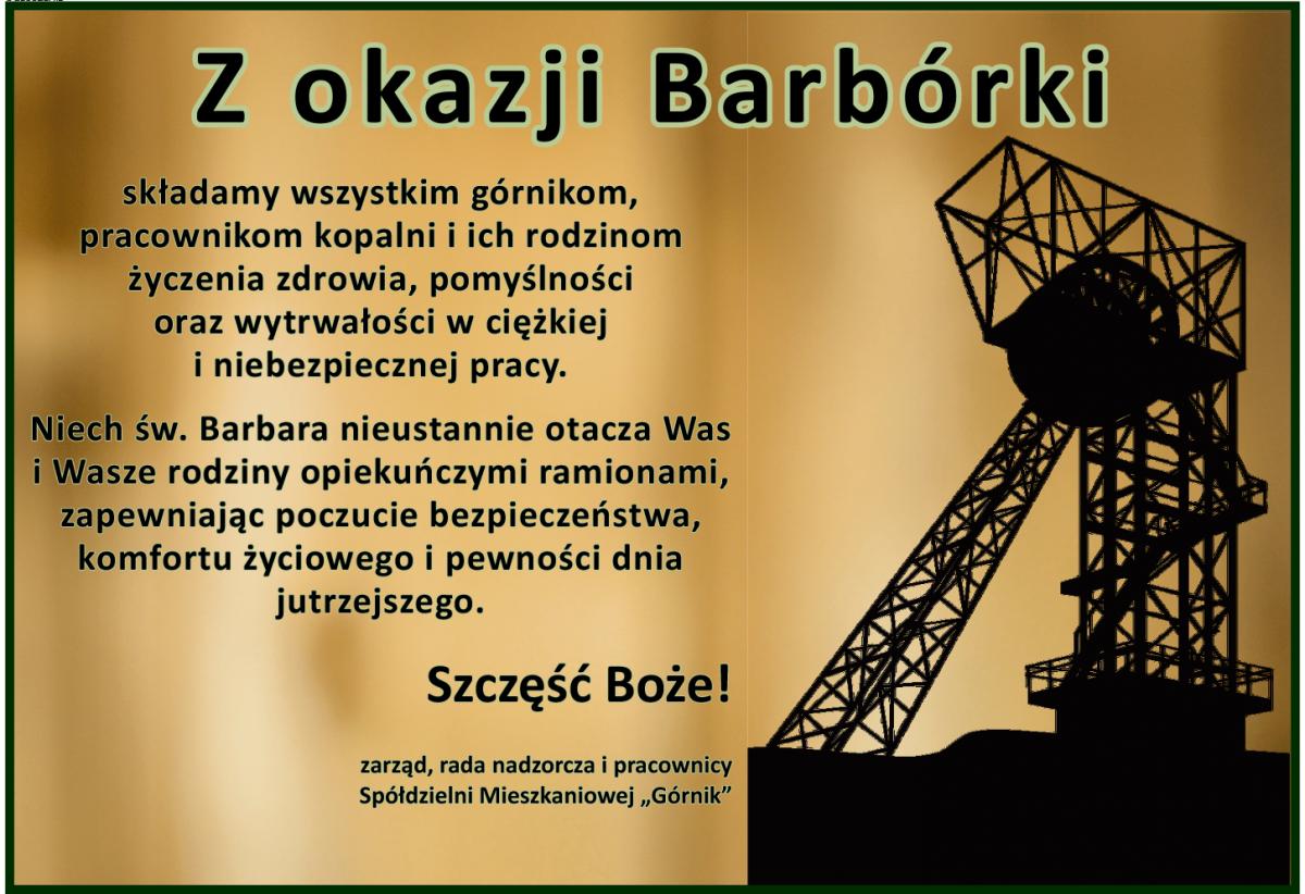 Z okazji Barbórki życzenia od zarządu, rady nadzorczej i pracowników SM 