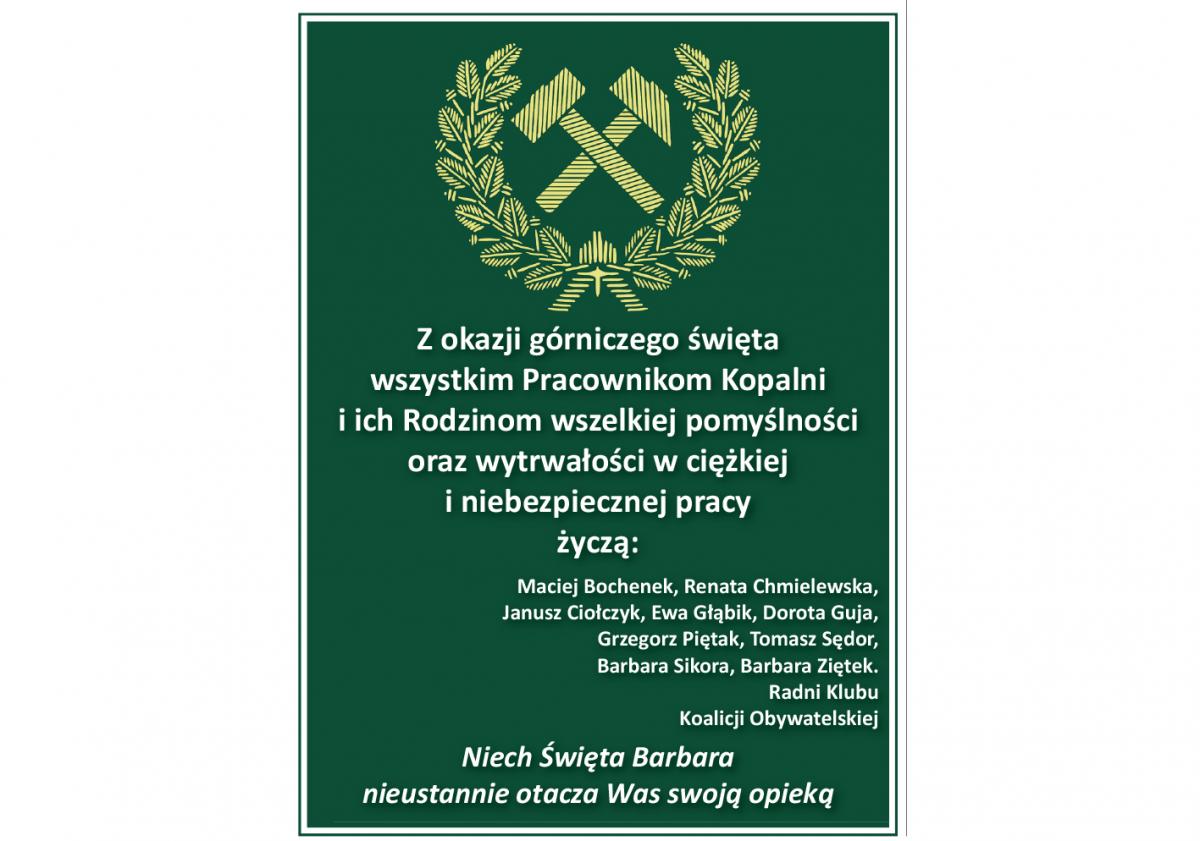 Z okazji górniczego święta życzenia od Radnych Klubu Koalicji Obywatelskiej