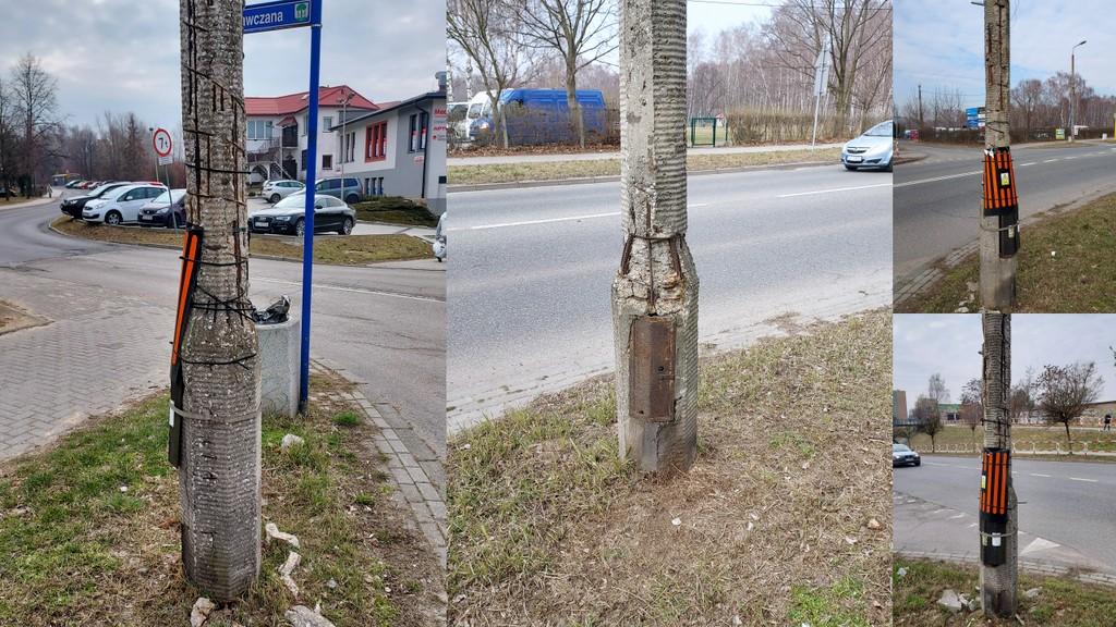 Betonowe słupy zabezpieczone trytykami zagrażają mieszkańcom Podłęża
