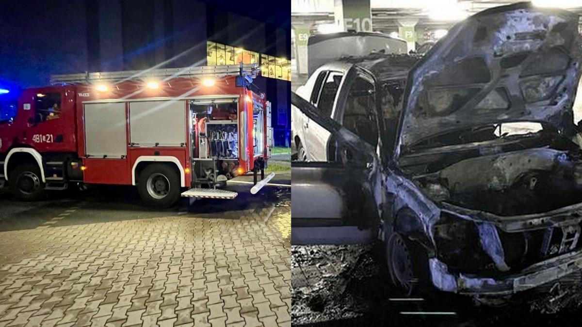 Pożar pojazdu na parkingu podziemnym galerii