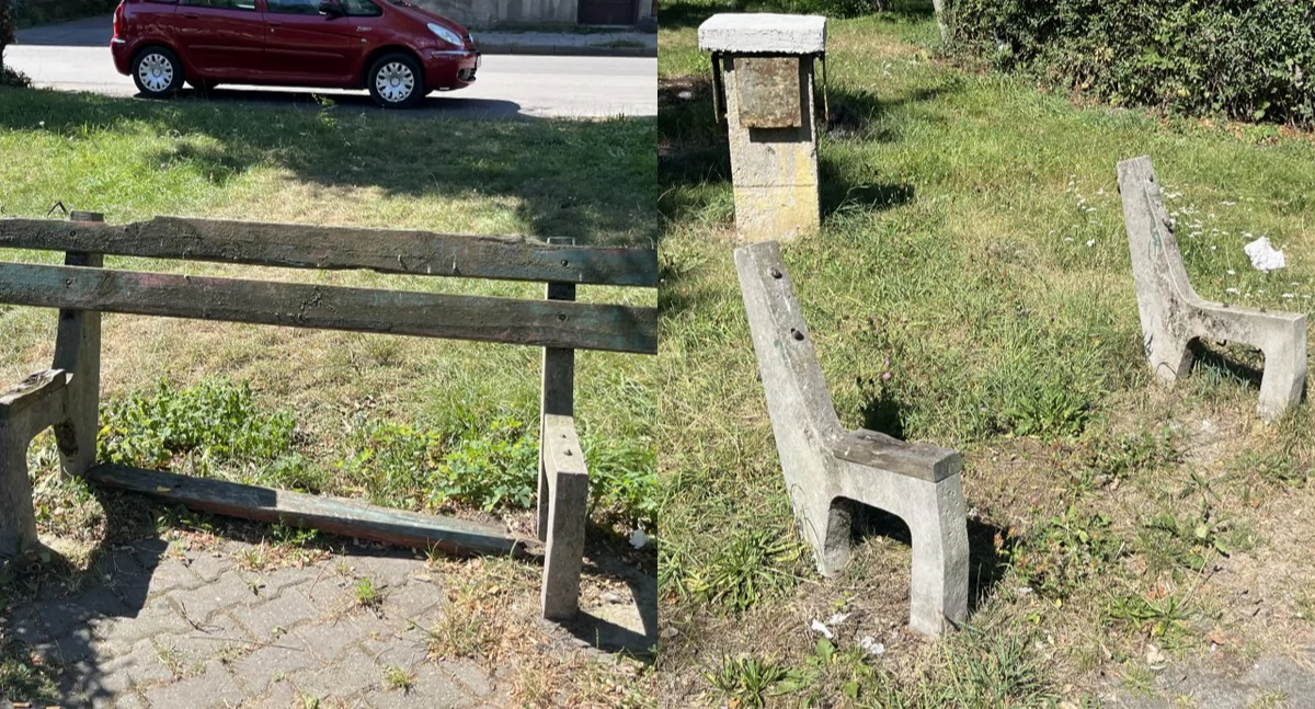 Pozostałości po zniszczonych ławkach w samym centrum Szczakowej. Smutny widok na Placu Dworcowym