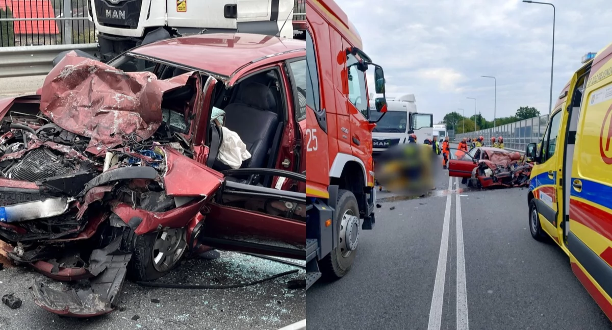 Czołowe zderzenie tira i osobówki na estakadzie