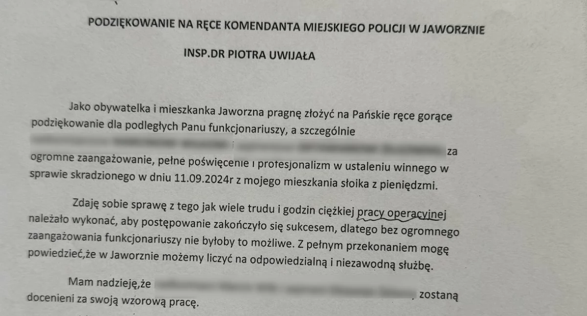 Mieszkanka Jaworzna dziękuje policjantom za szybkie rozwiązanie jej sprawy