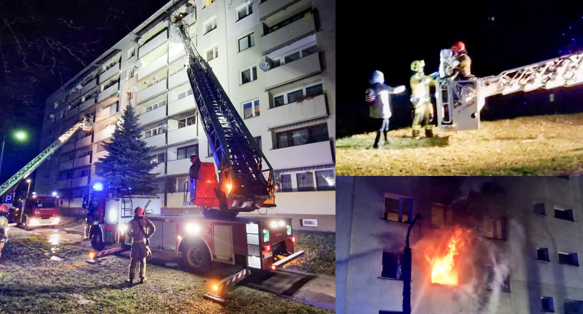 Strażacy ewakuowali dzieci za pomocą strażackiej drabiny. Policjanci pomagali wyprowadzić staruszków