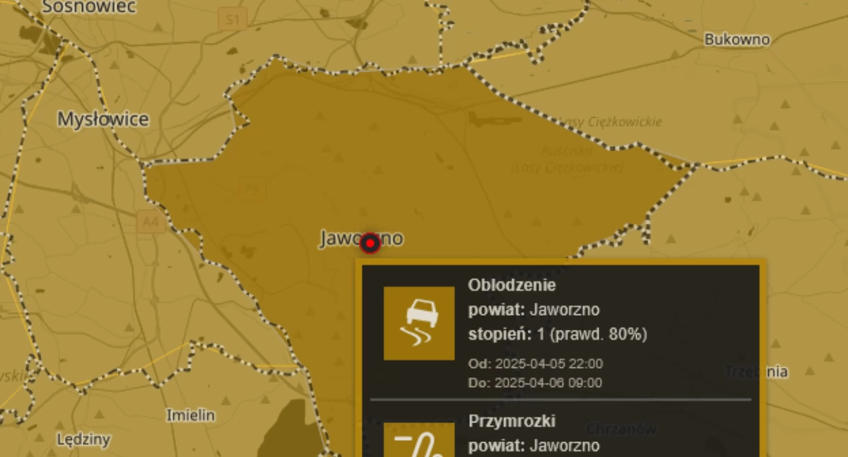 Ostrzeżenia meteorologiczne dla Jaworzna - przymrozki, oblodzenia i silny wiatr