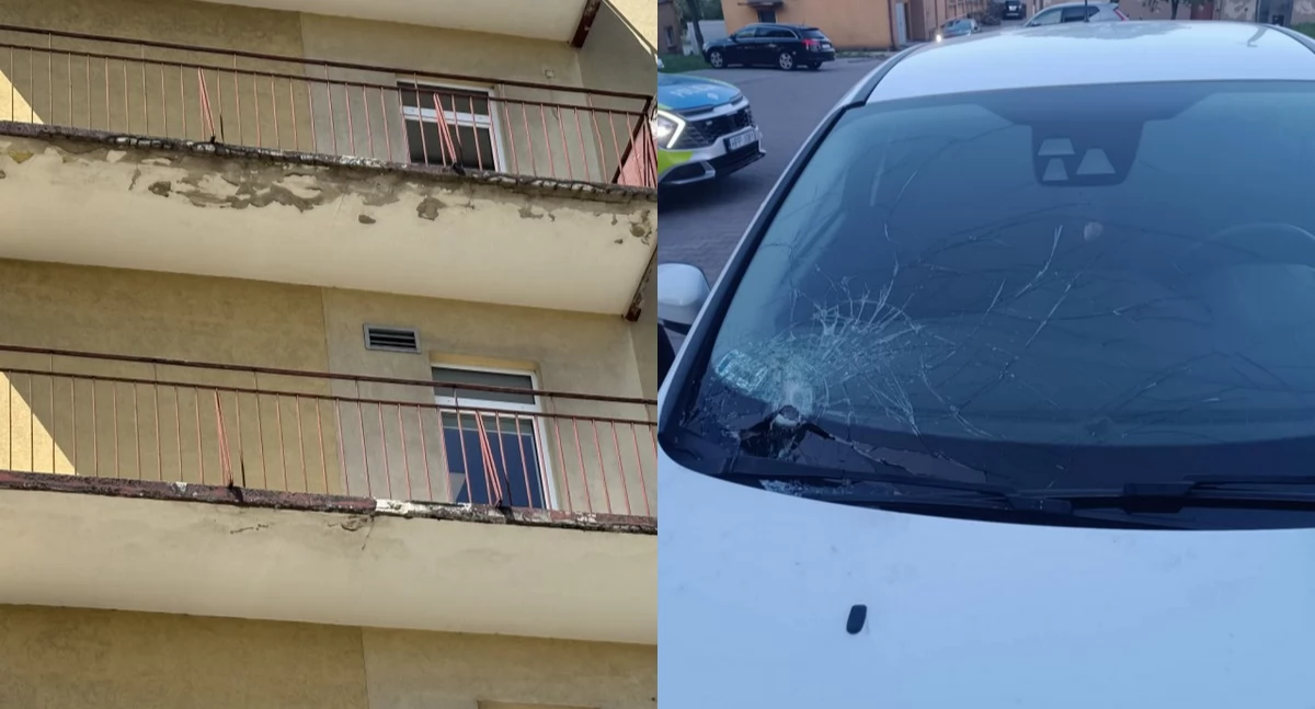 Tynk z elewacji szpitala uszkodził zaparkowany samochód