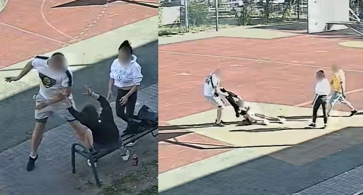 Pobił kobietę za bluzę Wisły Kraków. Szokujące sceny zarejestrował monitoring na boisku szkolnym