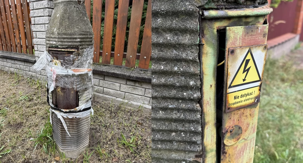 Niebezpieczna infrastruktura na ul. Prostej. Stare, zniszczone słupy elektryczne z otwartymi skrzynkami