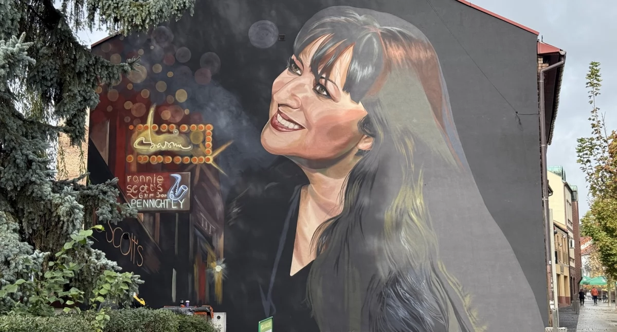 Basia Trzetrzelewska na muralu. Uśmiecha się do przechodniów
