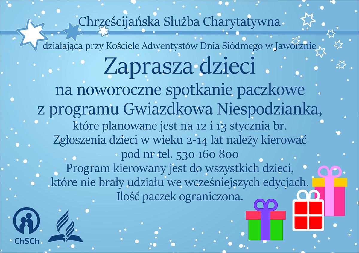 Chrześcijańska Służba Charytatywna zaprasza dzieci na noworoczne spotkanie paczkowe