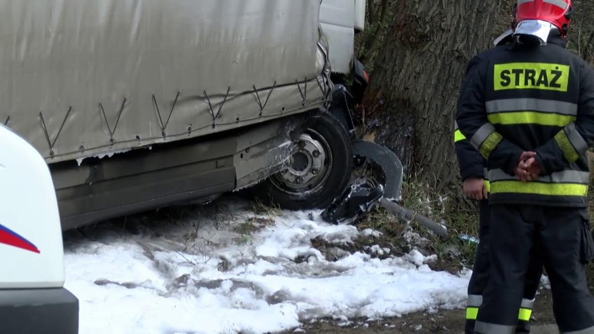 Ciężarówka rozbita na przydrożnym drzewie