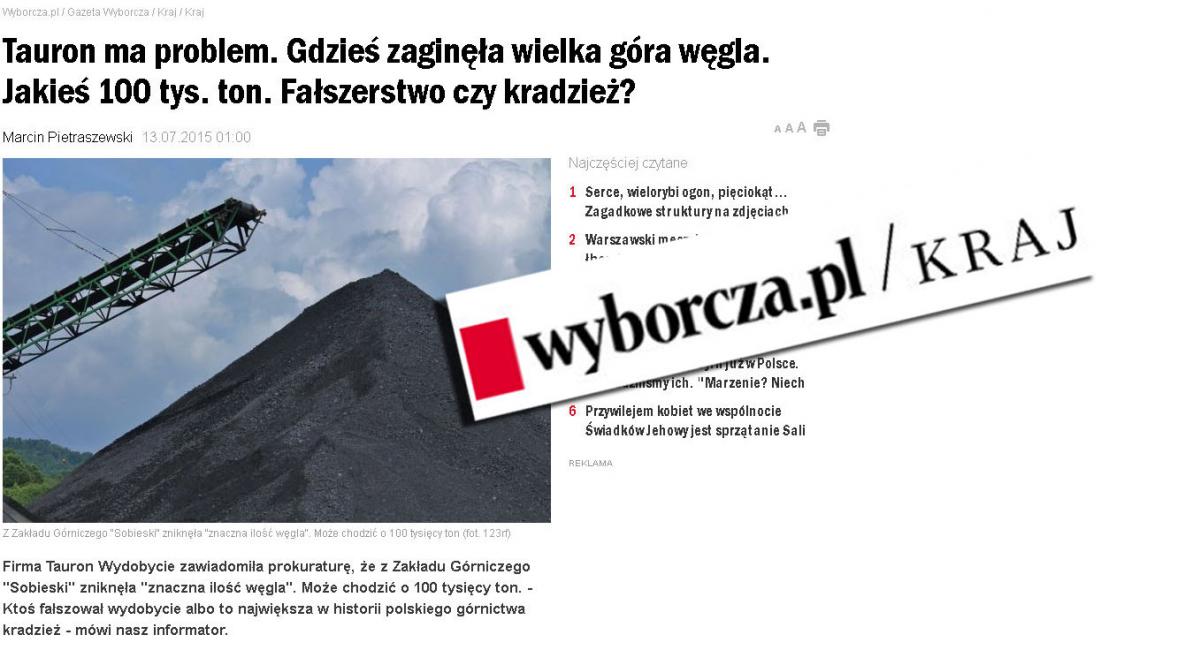 Gazeta.pl: Gdzieś zaginęła wielka góra węgla. Jakieś 100 tys. ton. Fałszerstwo czy kradzież?