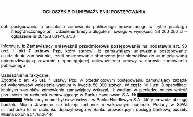 Przetarg na kredyt unieważniony. Urzędnicy pomylili nr konta