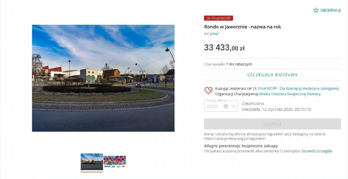Nazwa ronda WOŚP sprzedana za 33 433 zł