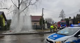 Stłuczka na skrzyżowaniu ulic Pionierów i Wilkoszyn. Uszkodzony hydrant zalał posesje