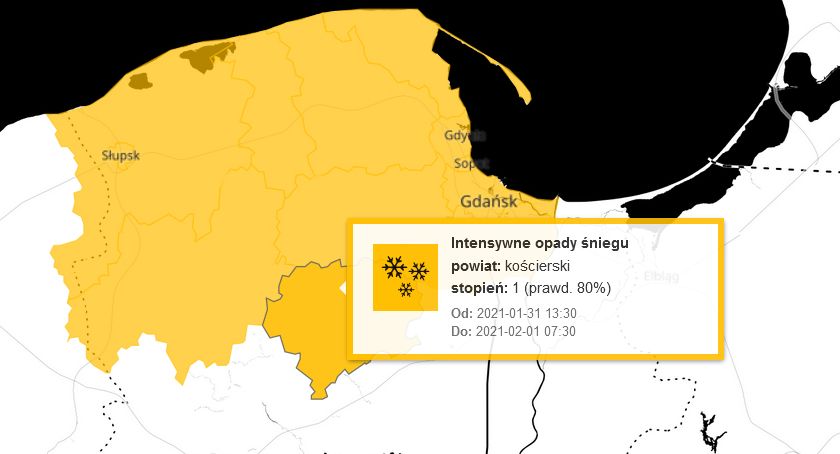 W nocy na Kaszubach intensywne opady śniegu - są ostrzeżenia
