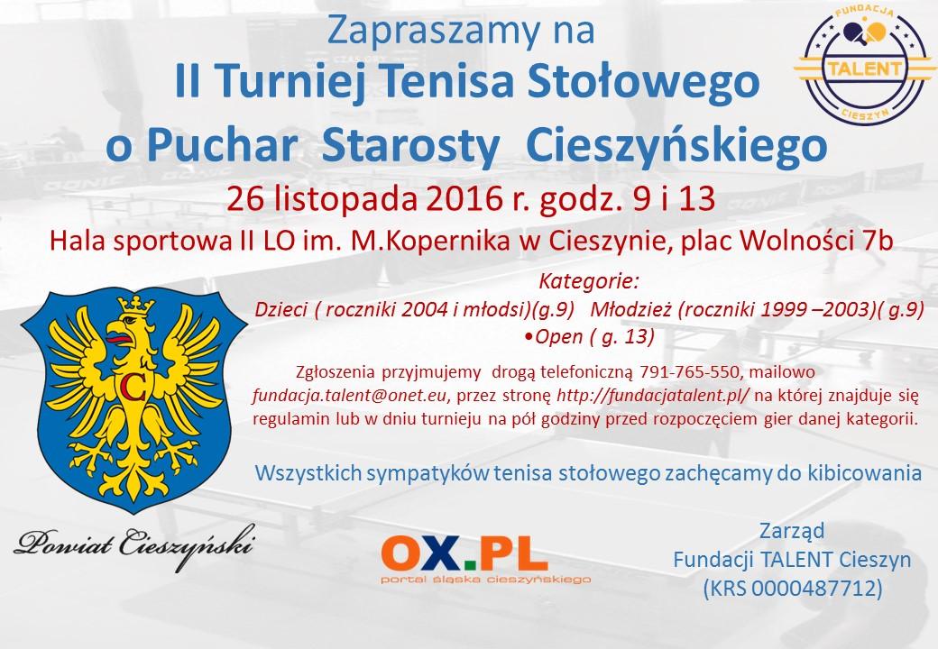 II Turniej Tenisa Stołowego o Puchar Starosty Cieszyńskiego 26.11