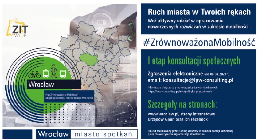 Konsultacje społeczne dotyczące opracowania „Planu Zrównoważonej Mobilności dla Miejskiego Obszaru Funkcjonalnego Wrocławia” (PZM MOFW) - Etap I