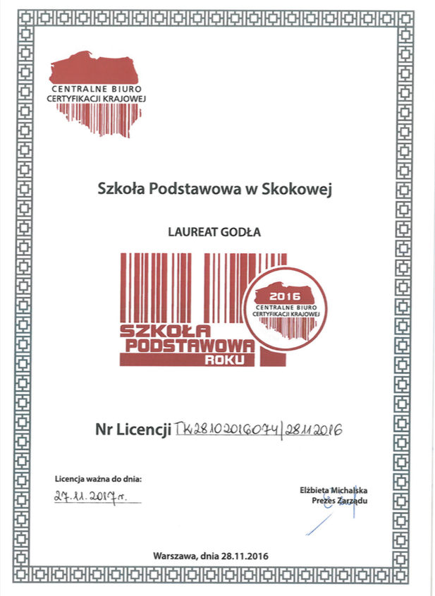Szkoła Podstawowa w Skokowej Szkołą Podstawową Roku 2016